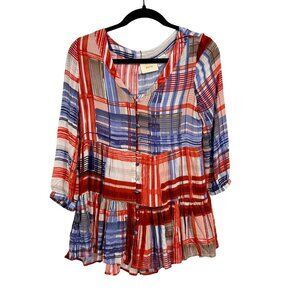 Anthropologie Maeve Lila Red White Blue Plaid Peplum Blouse w/Pockets Size XS